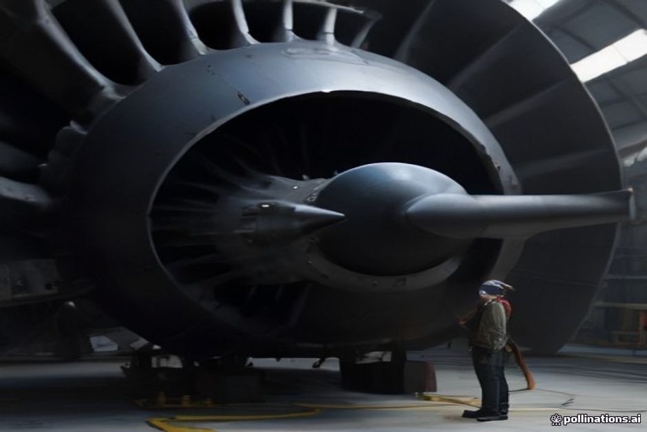 Professional aviation technician inspecting airplane engine parts