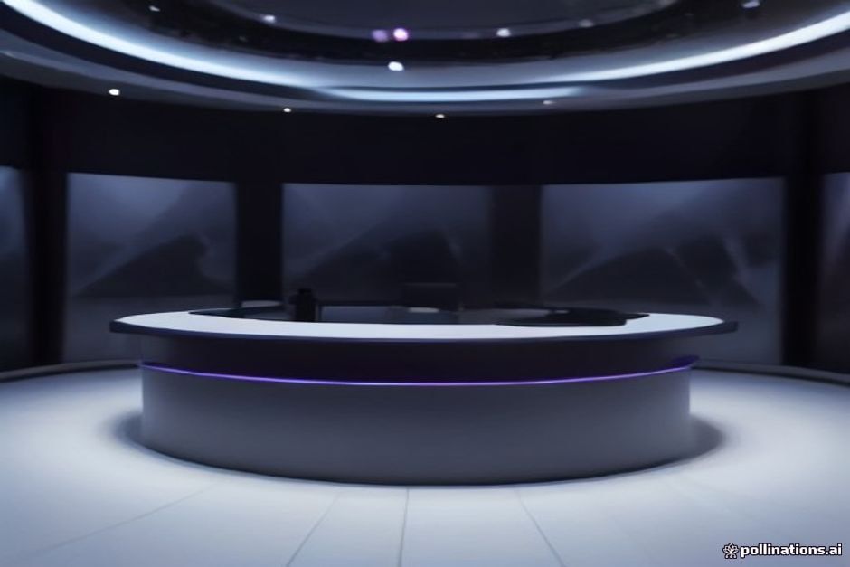 A modern broadcast newsroom featuring weather graphics